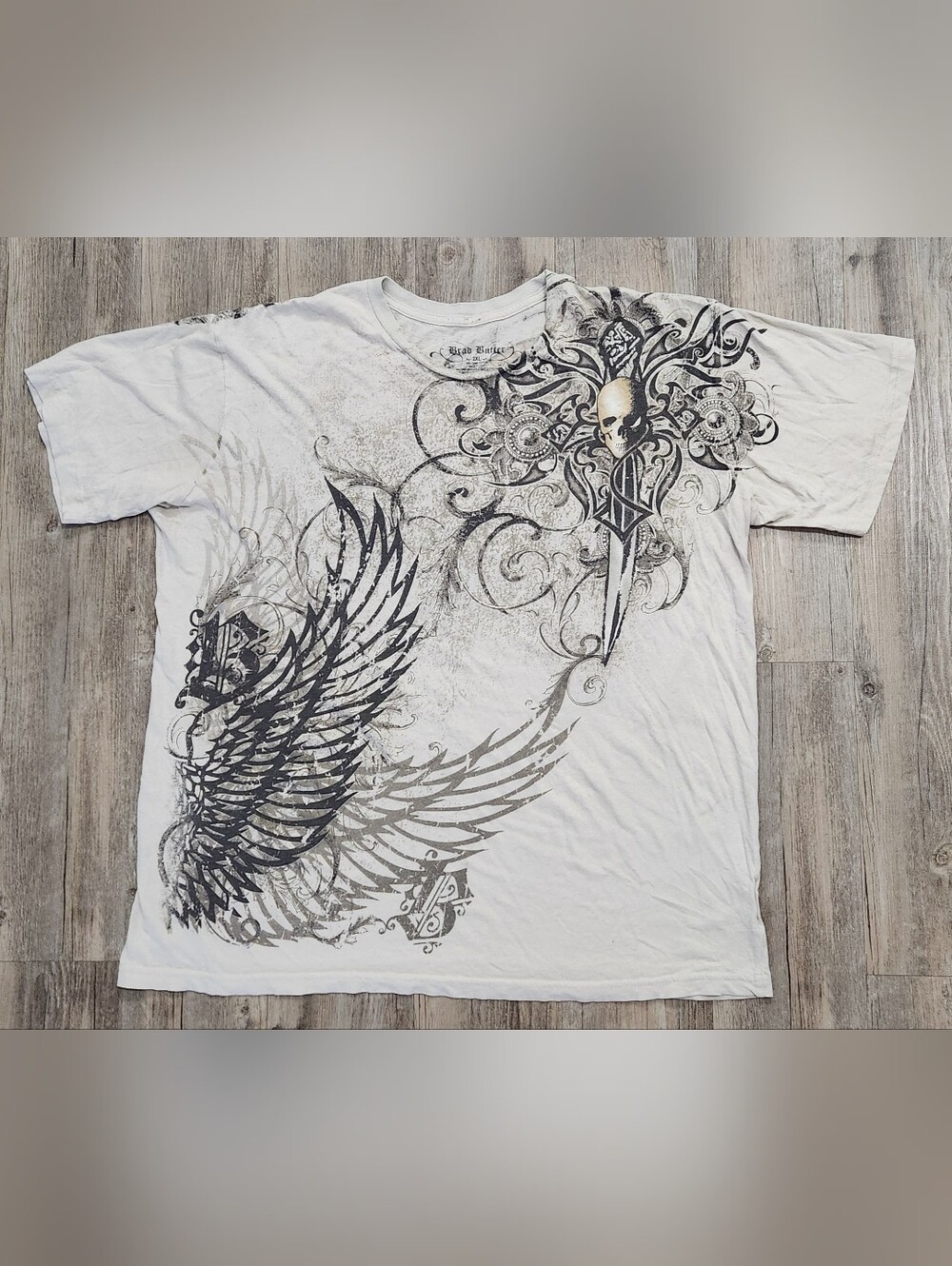 Mens Vintage Y2K Brad Butter T-shirt Size 2XL affliction Skulls Wings tattoo